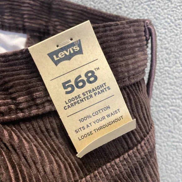 Levis 568 Loose Straight Carpenter Pants Brown Corduroy Workwear Size 38x34